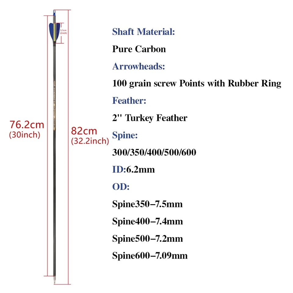 30" Pure Carbon Arrows SP300-600 Shaft ID6.2 Feather Archery Bow Target Hunting - Image 4 of 4