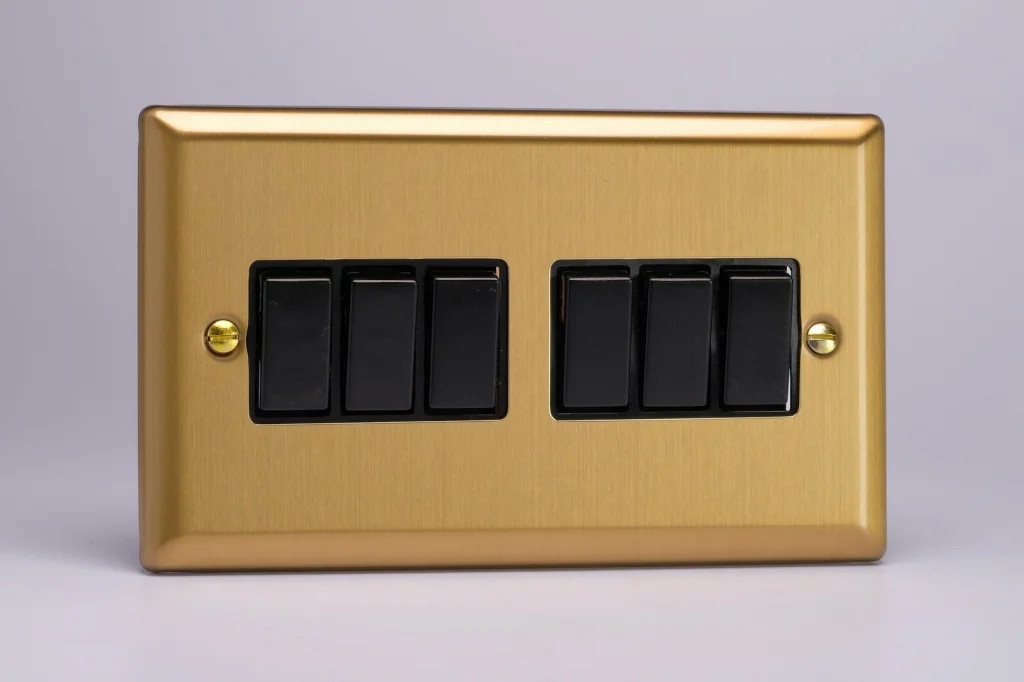 Switch Brass Light 10A 6-Gang 2-Way Classic Brushed + Black Insert Varilight