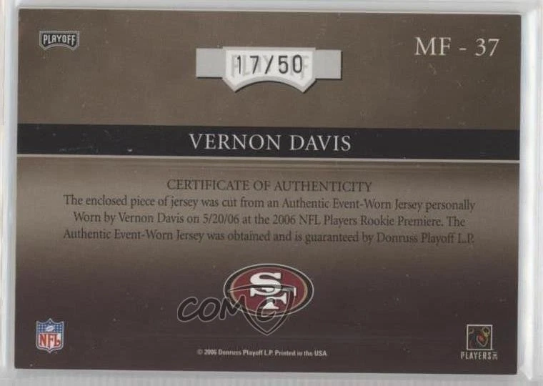 2006 Playoff Absolute Memorabilia Materials /50 Vernon Davis Rookie Auto RC - Image 2 of 2