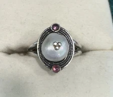 925 Sterling Silver Ring Pearl/Pink Gemstone Size 6 Designer Signed BOMA