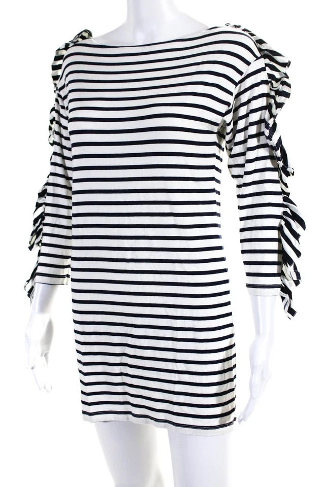 Thread Social Womens Long Sleeve Ruffle Trim Striped Dress White Black Size S - Image 2 of 4