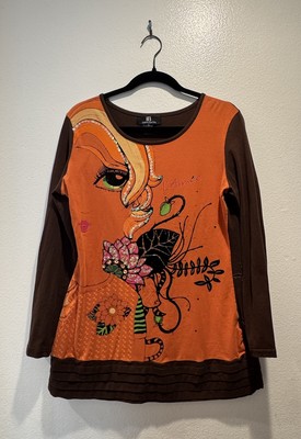 Vintage IB Diffusion Womens Size XL Face Art To Wear Shirt Orange Brown Retro
