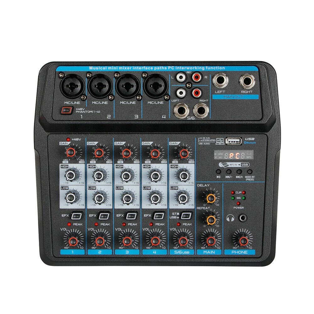 6 Channel  Audio Mixer Bluetooth Mixing Console For DJ Karaoke Live Podcast USB