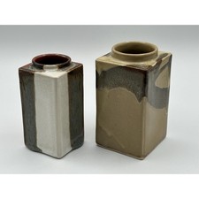 Set of 2 Vintage Mid-Century Modernist Stoneware Vases–Geometric Square Designed