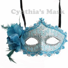 Turquoise Floral Venetian Masquerade Mask w/Rhinestones and Glitter Party Prom