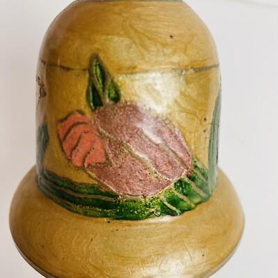 Vintage Floral Butterfly Enamel Painted Brass Hand Bell