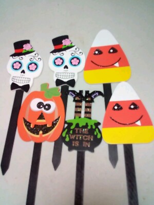 Lot Of Six Halloween Decor Yard Spikes Candy Corn Witch Pumpkin Sugar Skull 12''