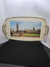 Vintage Serving Tray Gold Trim Handles London England Houses of Parliament 15.5"