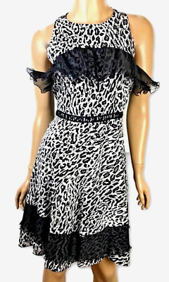 Giamba Black/Gray Animal Print Dress Sz 10 Black Lace Trim Sleeveless Fit& Flare