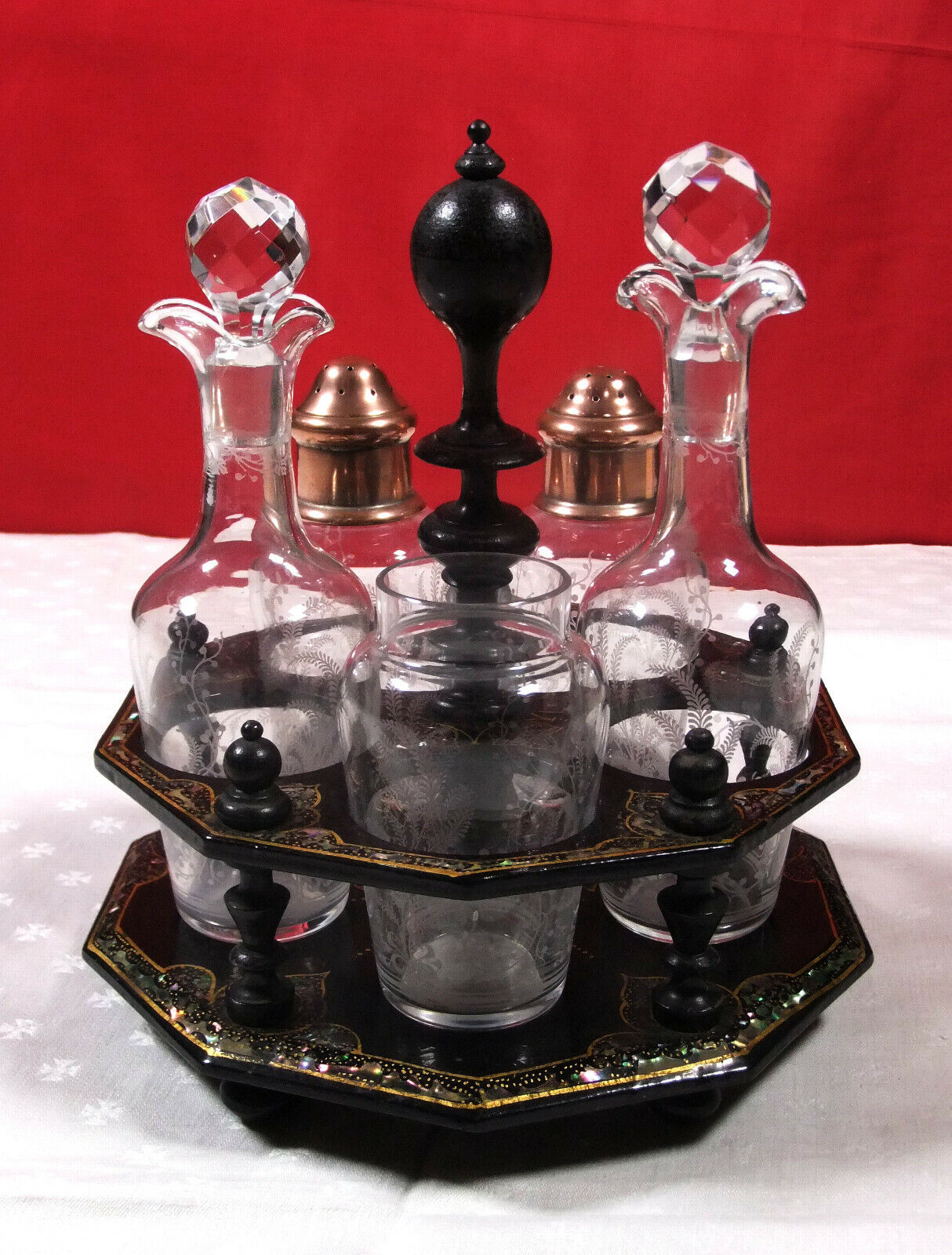 rare ménagère 1900 cristal Baccarat fougères support papier maché décor nacre Nieuwe, populaire verkoop