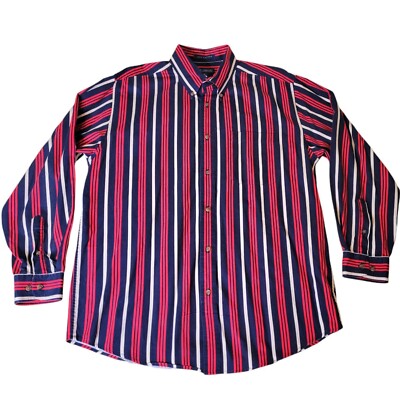 John Ashford Men's Dress Shirt Medium Red Blue Button-Down Striped