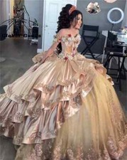 Champagne Quinceanera Dresses Princess Off-Shoulder Appliques Flowers Bow Gowns
