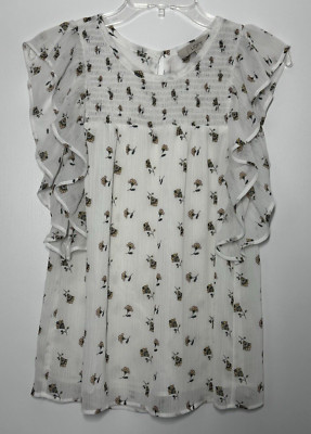 LOFT Women's White Floral Top Flutter Sleeves Flowy Romantic Fairy Size Small