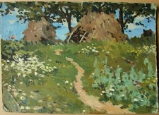 Ukrainian Soviet Oil Painting landscape realism impressionism haystack river