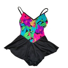 Vintage 1980s Flirty One Piece Swimsuit Neon Swimsuit with Skirt Floral Tropical