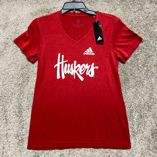Nebraska Huskers Shirt Womens Small Red Short Sleeve Retro V Neck Adidas - Picture 1 of 13
