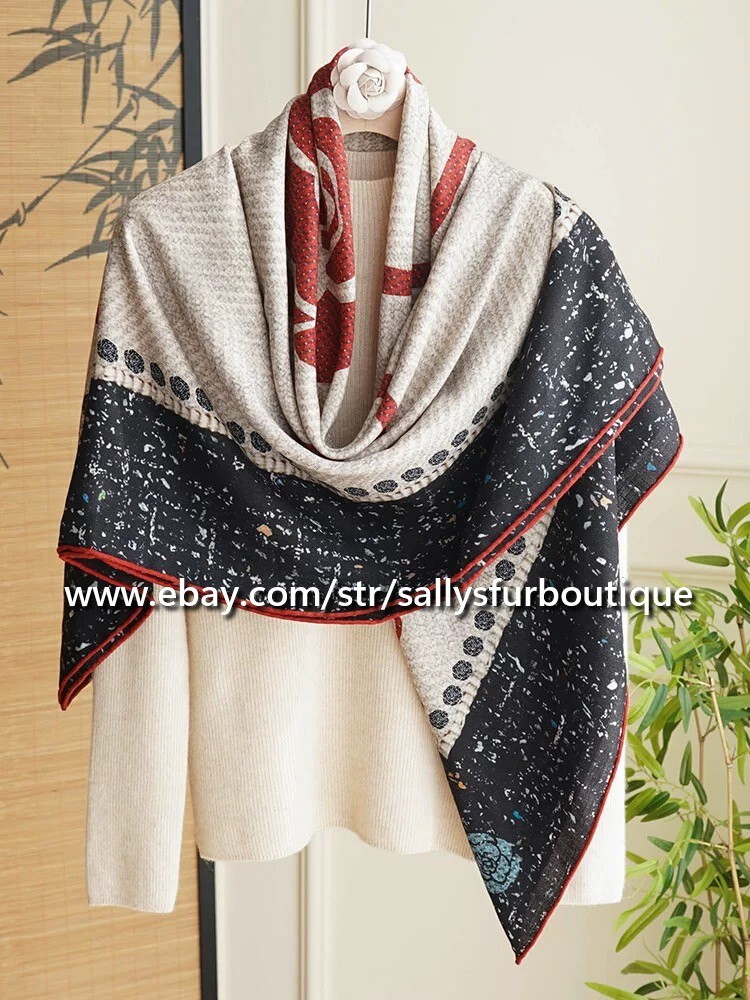 Sallys 70% Cashmere & 30% Silk Wrap Scarf Camellia Print Double Face Shawl 53