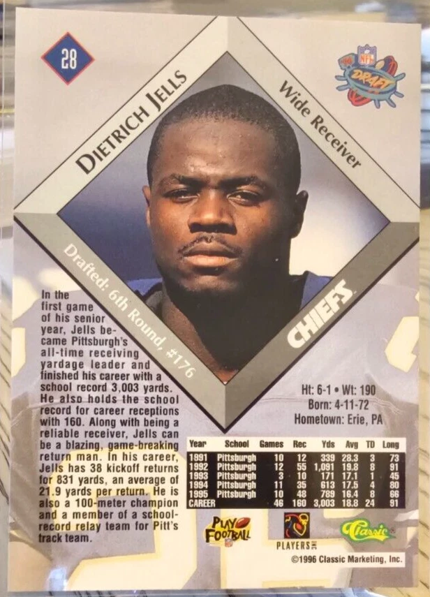 1996 Classic NFL Rookies Dietrich Jells #28 Chiefs - Image 2 of 2