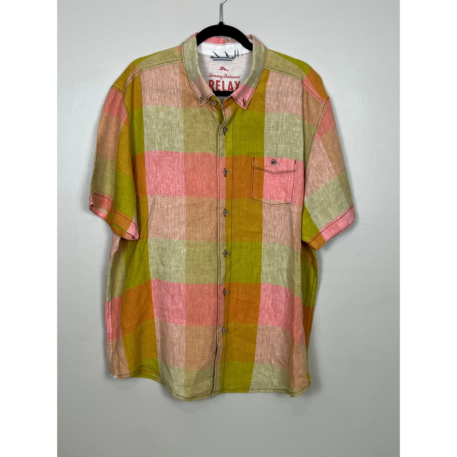 Tommy Bahama Relax Linen Shirt Mens XL Island Modern Plaid Short Sleeve TR36434
