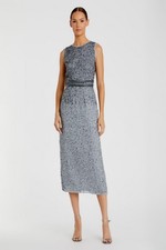 Mac Duggal NEW Gray Sleeveless High Neck Beaded Sequin Midi Sheath Dress Size 12