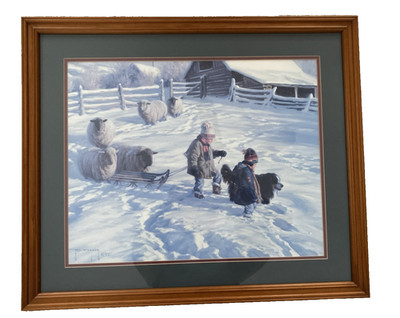 ROBERT DUNCAN 26''X22'' PRINT TWO CHILDREN WITH SLED IN DEEP SNOW