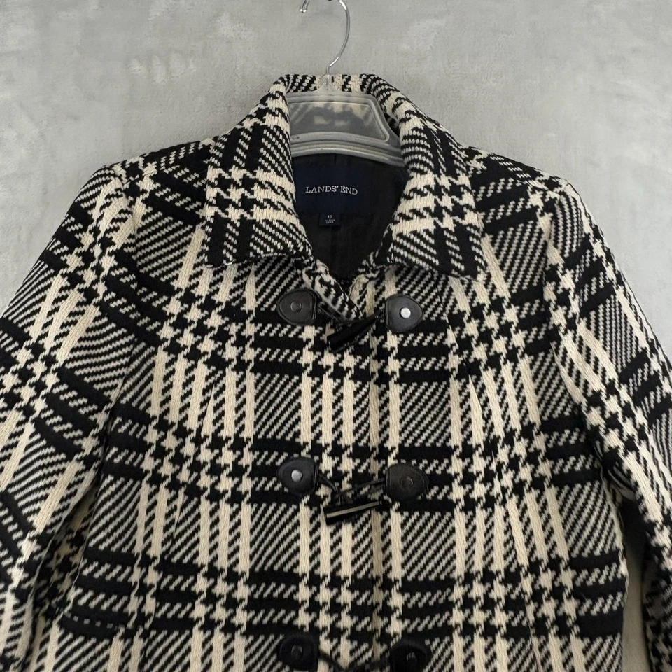 Abrigo Lands End para mujer 16 negro blanco pata de gallo palanca mezcla de lana lona V3635 Foto 3 de 4