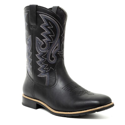 Black Men's Cowboy Western Embroidered Square Toe Boots - Main Image
