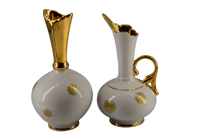 Vintage Pitcher Creamer Vase Water Vessel Set of 2 Holly Ross China W/Gold Trim