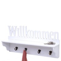 Wandgarderobe MCW-D41 Willkommen, Garderobe Regal, 4 Haken Massiv, Weiß