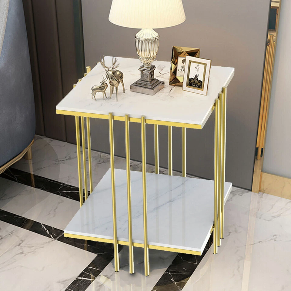 Stylish 18" Marble Side Table Square End Table with Storage Mechanic Golden Legs - Image 2 of 4