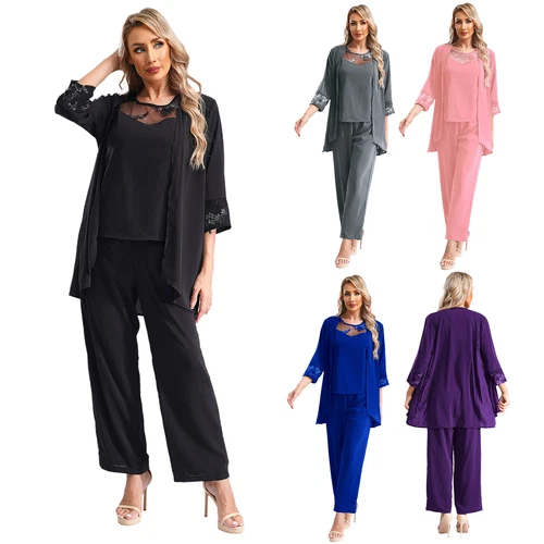 Womens 3 Piece Chiffon Pant Suits Tank Top Cardigan and Pants Evening Outfits - Picture 5 of 95