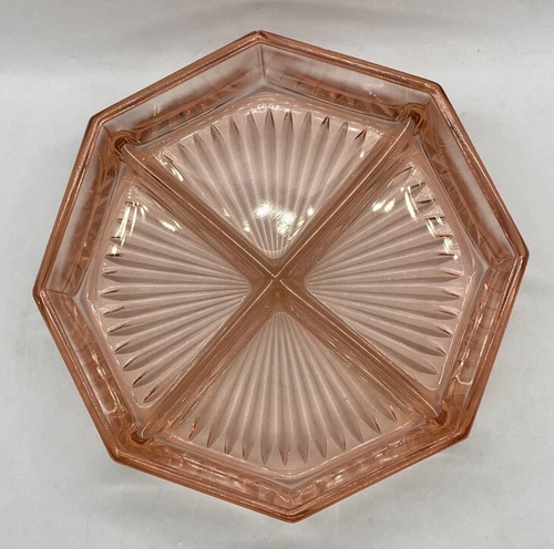 Vintage Pink Depression Glass Octagon 4 Sections Divided Relish Candy Nut  Dish