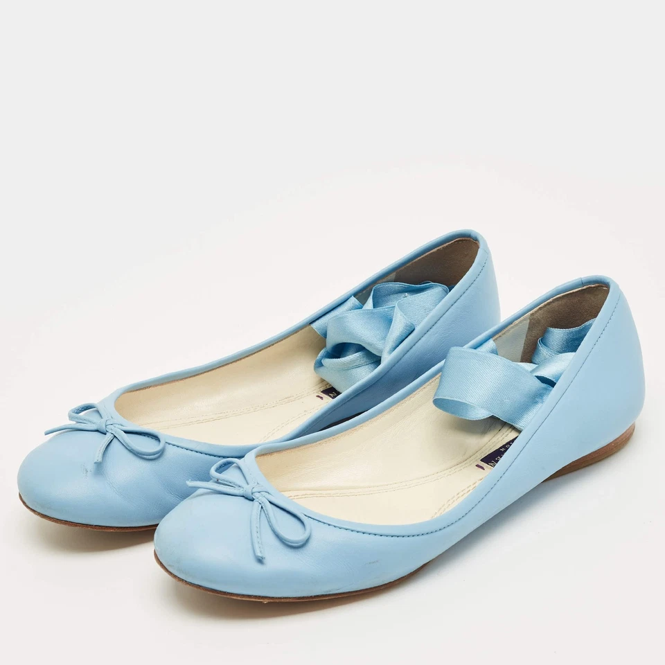 Ralph Lauren Collection Blue Leather Ankle Tie Up Ballet Flats Size 38 - Image 2 of 4