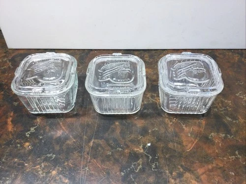 FEDERAL GLASS 4" x 4" Vintage Refrigerator Dish Embossed Vegetable Lid Lot Of (3