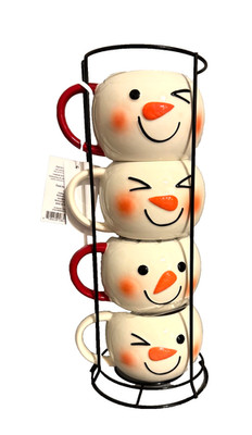 New Holiday Time 12 oz Snowman Stacking Mug Set Smiling Cute Faces Set of 4 Rack