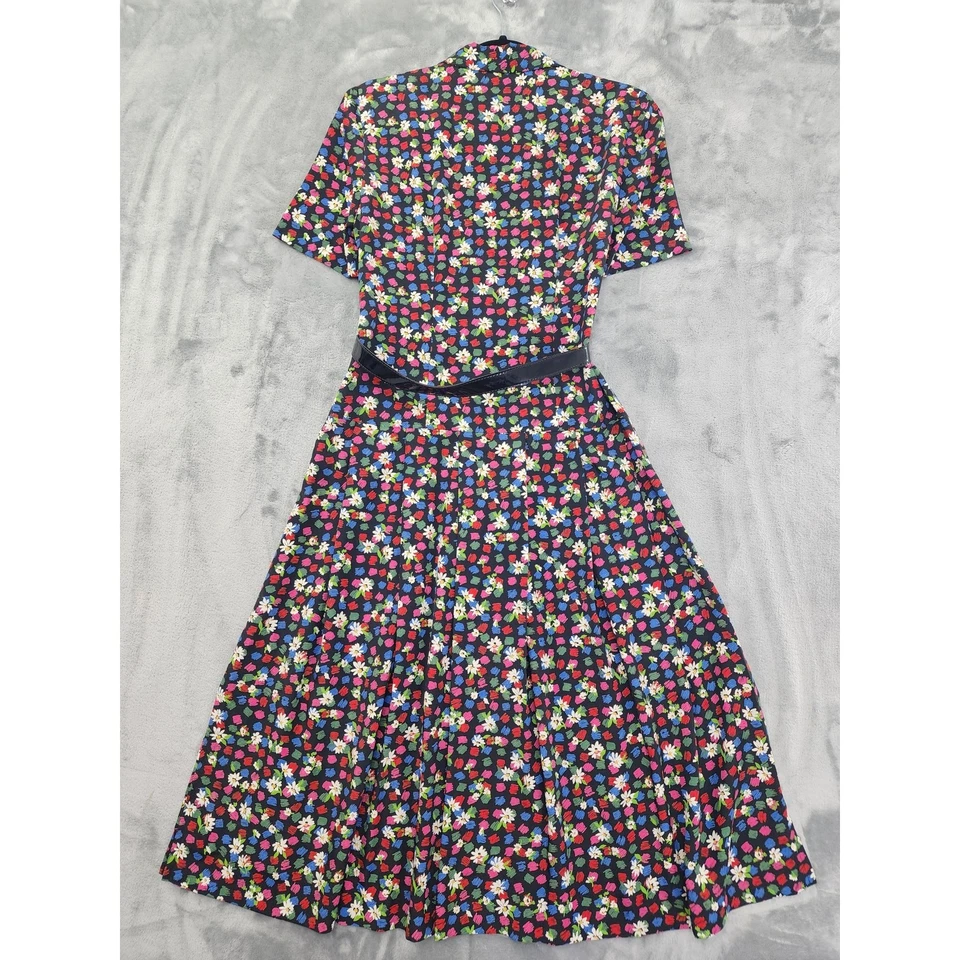 Vintage 80s Leslie Fay Floral Belted Drop Waist Shirt Dress Size 6P Black Office - Image 3 of 4