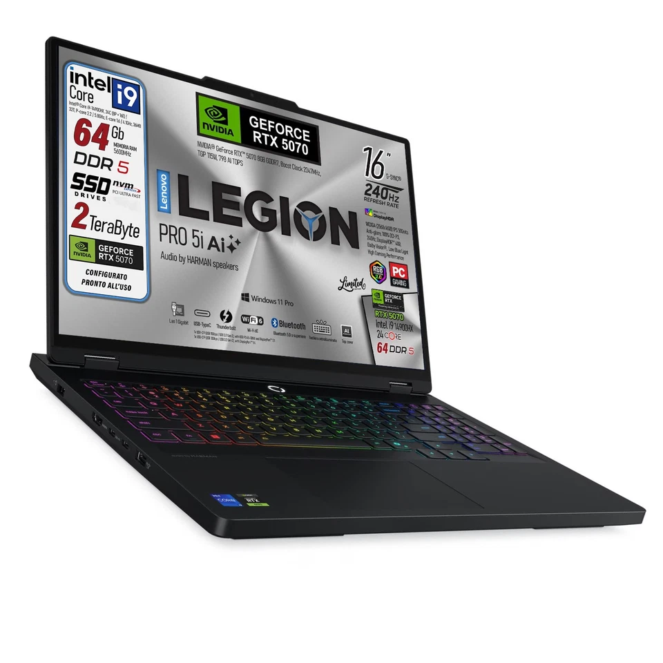 pc portatile lenovo legion Pro5i i9 14900Hx ram 64Gb ssd 2Tb Rtx 5070 16" 240Hz