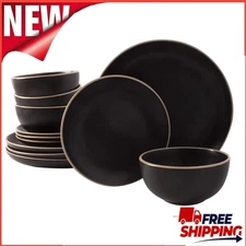 Round Stoneware Dinnerware Bowl Plate Sets 4 Stackable Dishwasher Thick Build US