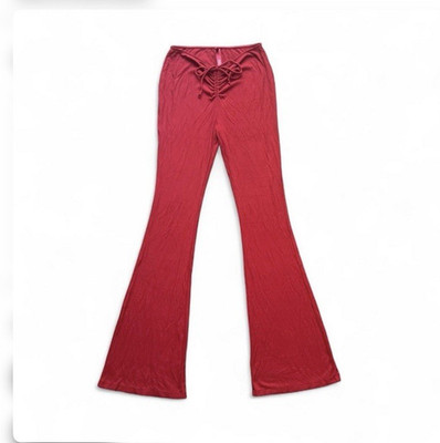 SKIMS Soft Lounge Lace Up Flare Pants Size M Red Ribbed Modal