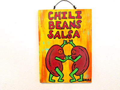 Outsider folk Art Original Painting wood Chili Beans Salsa Bean Dancers Dan C