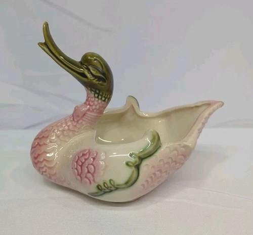 VINTAGE MID CENTURY HULL USA PINK AND GREEN DUCK SWAN POTTERY PLANTER