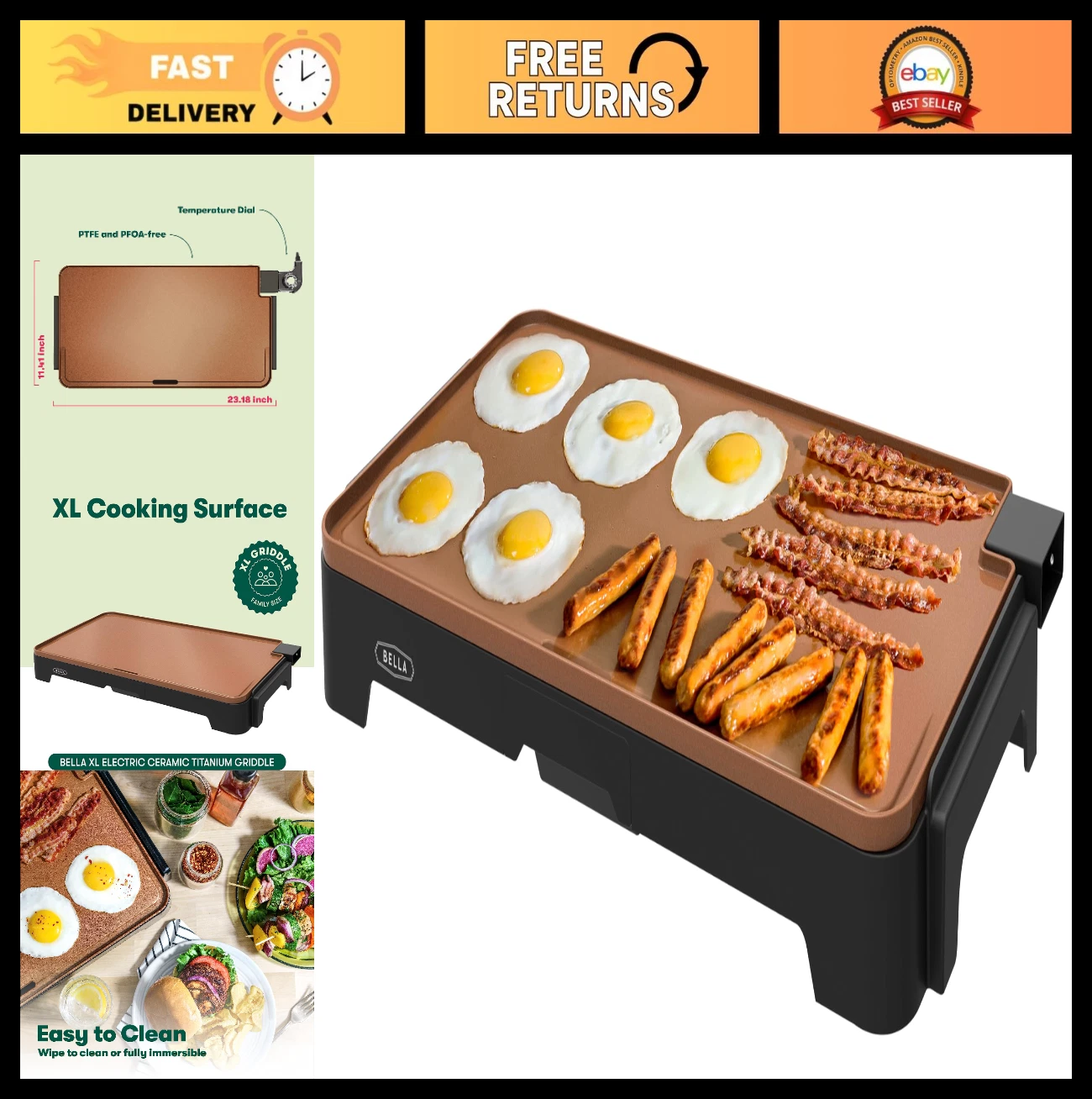 Large Electric Ceramic Griddle - Cook 15 Eggs, Non-Stick, Easy Clean, 12"x22" Su