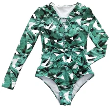 Rash Guard 1 Piece Swimsuit Lace Up Front Full Back L Tropical Green Long Sleeve
