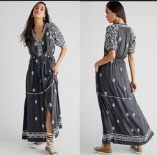Free People Riley Embroidered Midi Maxi Dress Duster Black Greyed Olive Bohemian