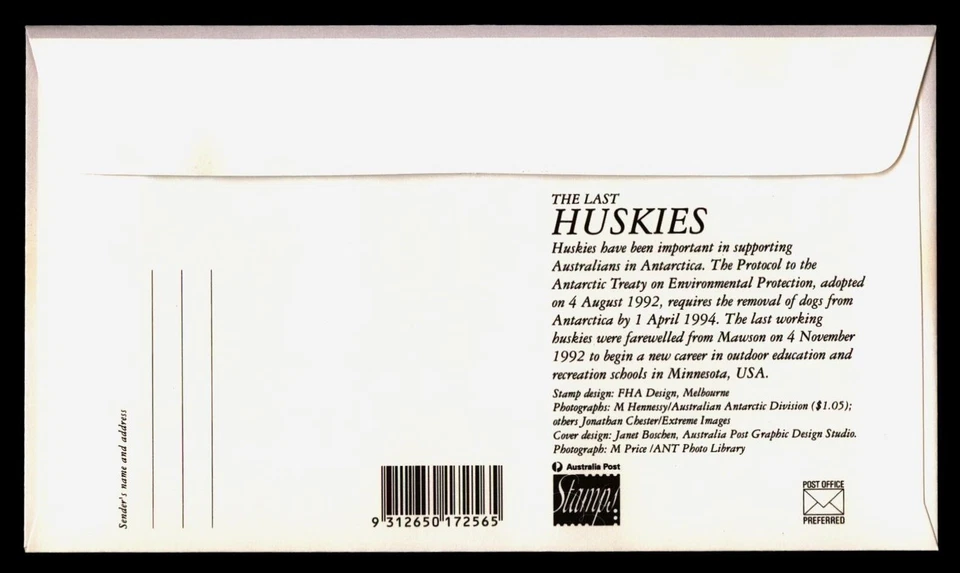 DR WHO 1994 AUSTRALIAN ANTARCTIC TERRITORY FDC HUSKYDOG $1.05 COMBO R16427 - Image 2 of 2