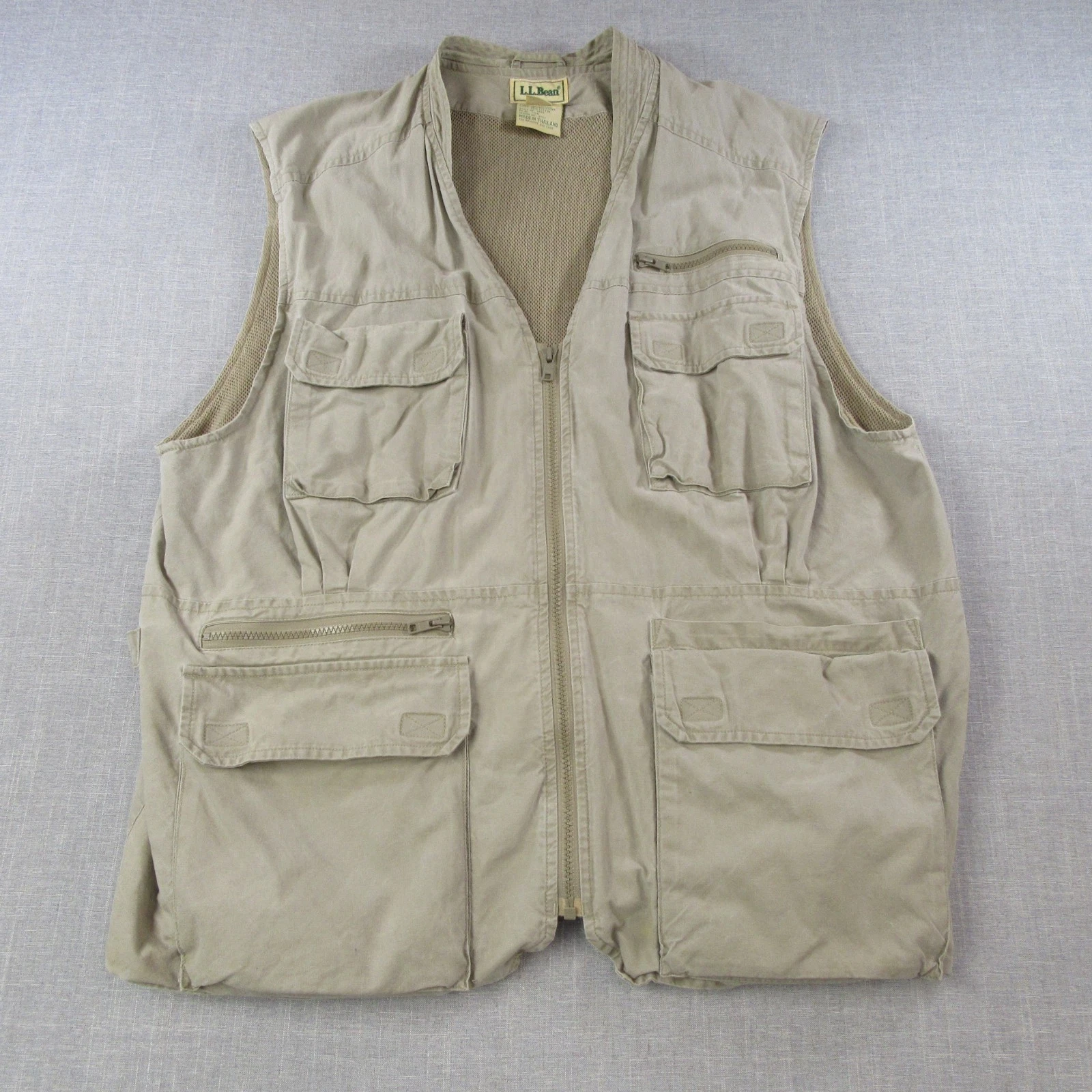 L.L.Bean Fishing Vest Mens XL Beige Mesh Safari Utility Made In Thailand Vintage