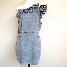 IRO Paris Sagama One Shoulder Ruffled Denim Summer Blue Mini Dress 10 MSPR $665