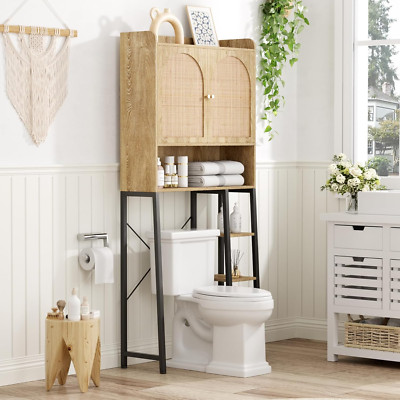 Rattan Over Toilet Storage Cabinet with Adjustable Shelf and Metal Stand