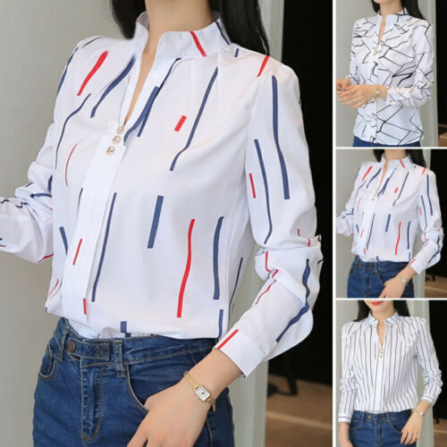 Woman Long Sleeve Office Blouse Striped Shirts Casual OL T-shirt Buttons Tops CN - Picture 1 of 15