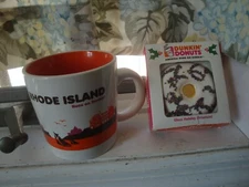 DUNKIN' DONUTS 2012 RHODE ISLND 12 OZ MUG+NIB KURT ADLER GLASS SPRNKLE ORNAMENT